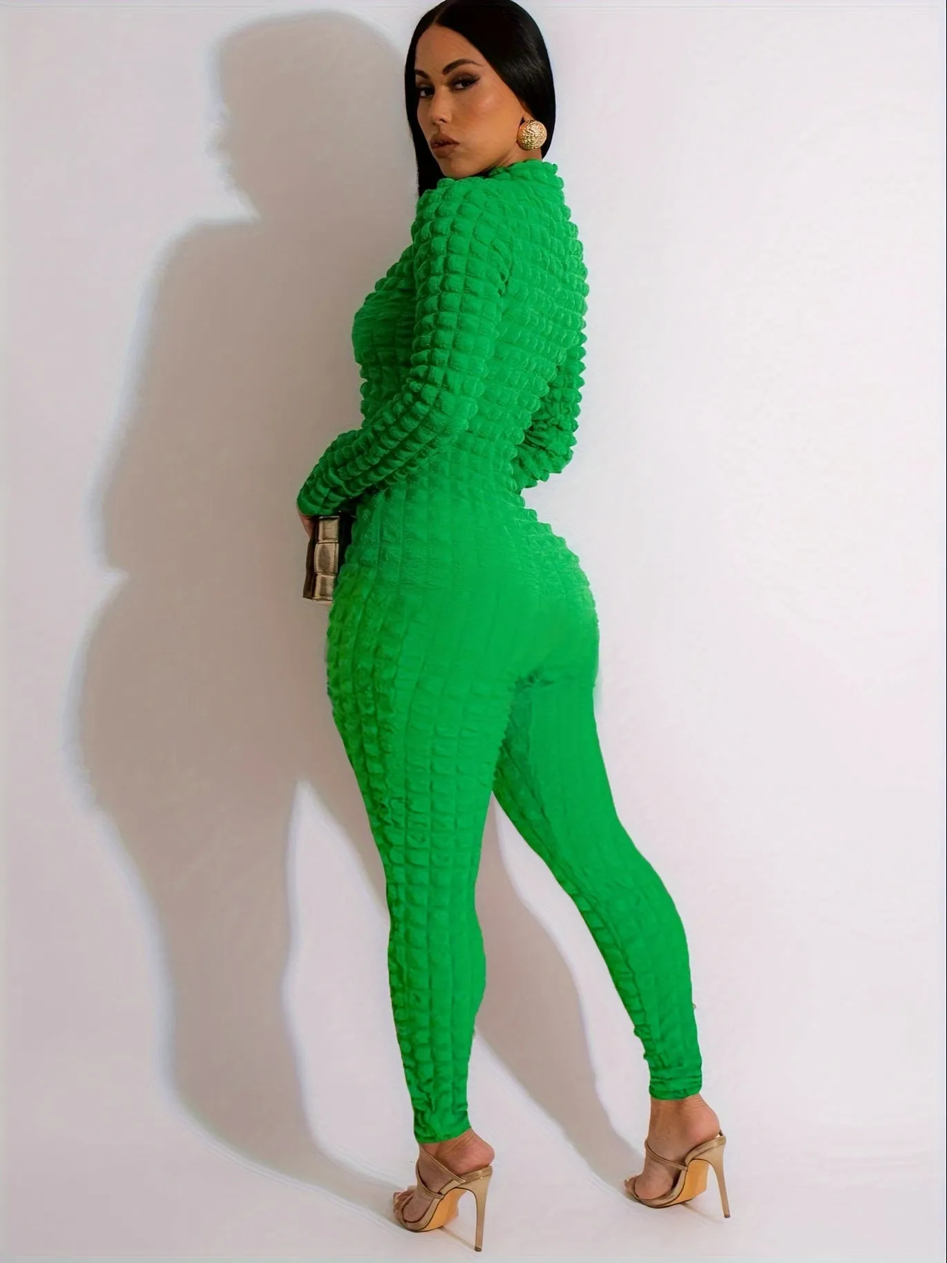 Casual Bodycon PopCorn  Long Sleeve Solid Romper