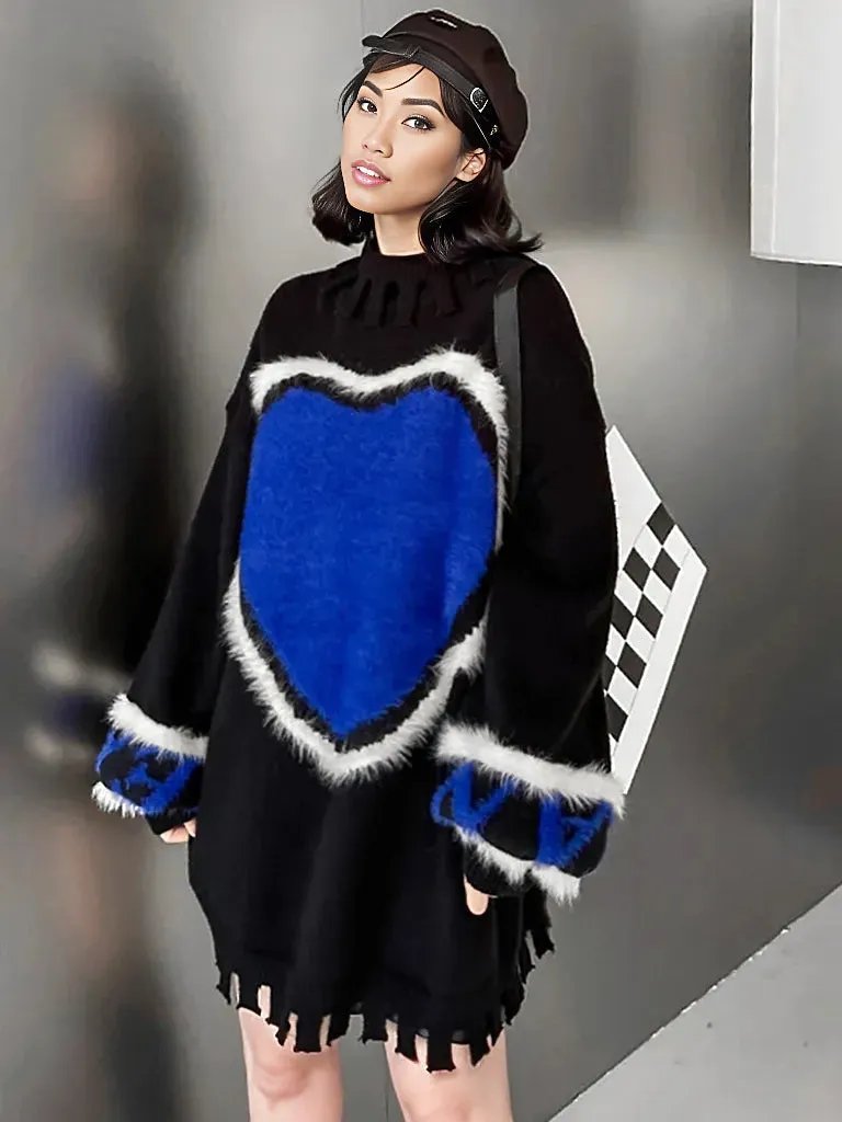 Casual Minimal Goth Blue Heart Knitted Pullover