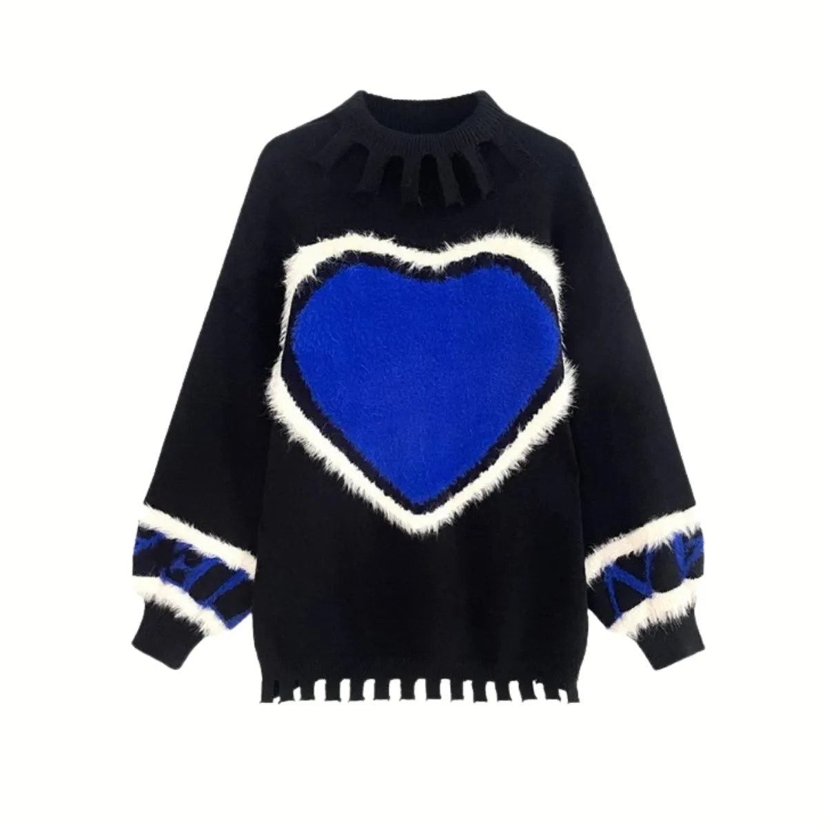 Casual Minimal Goth Blue Heart Knitted Pullover