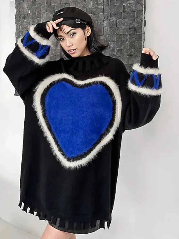 Casual Minimal Goth Blue Heart Knitted Pullover