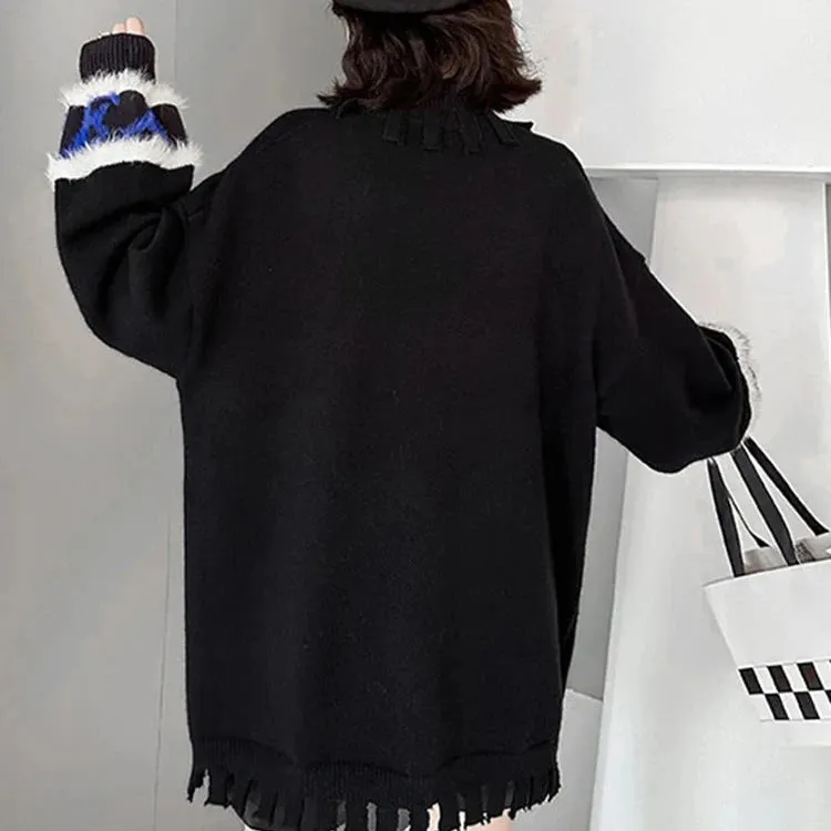 Casual Minimal Goth Blue Heart Knitted Pullover