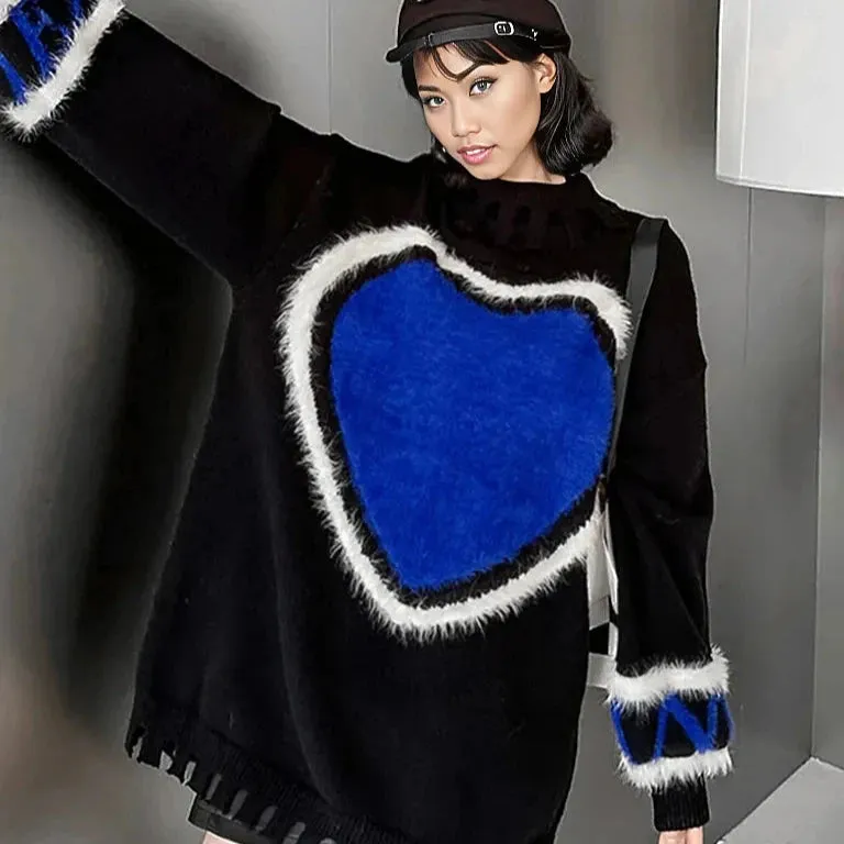 Casual Minimal Goth Blue Heart Knitted Pullover