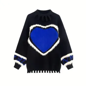 Casual Minimal Goth Blue Heart Knitted Pullover