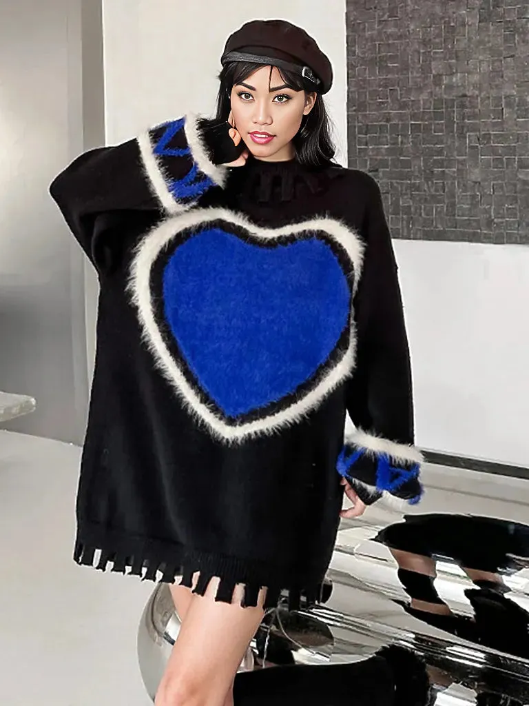Casual Minimal Goth Blue Heart Knitted Pullover