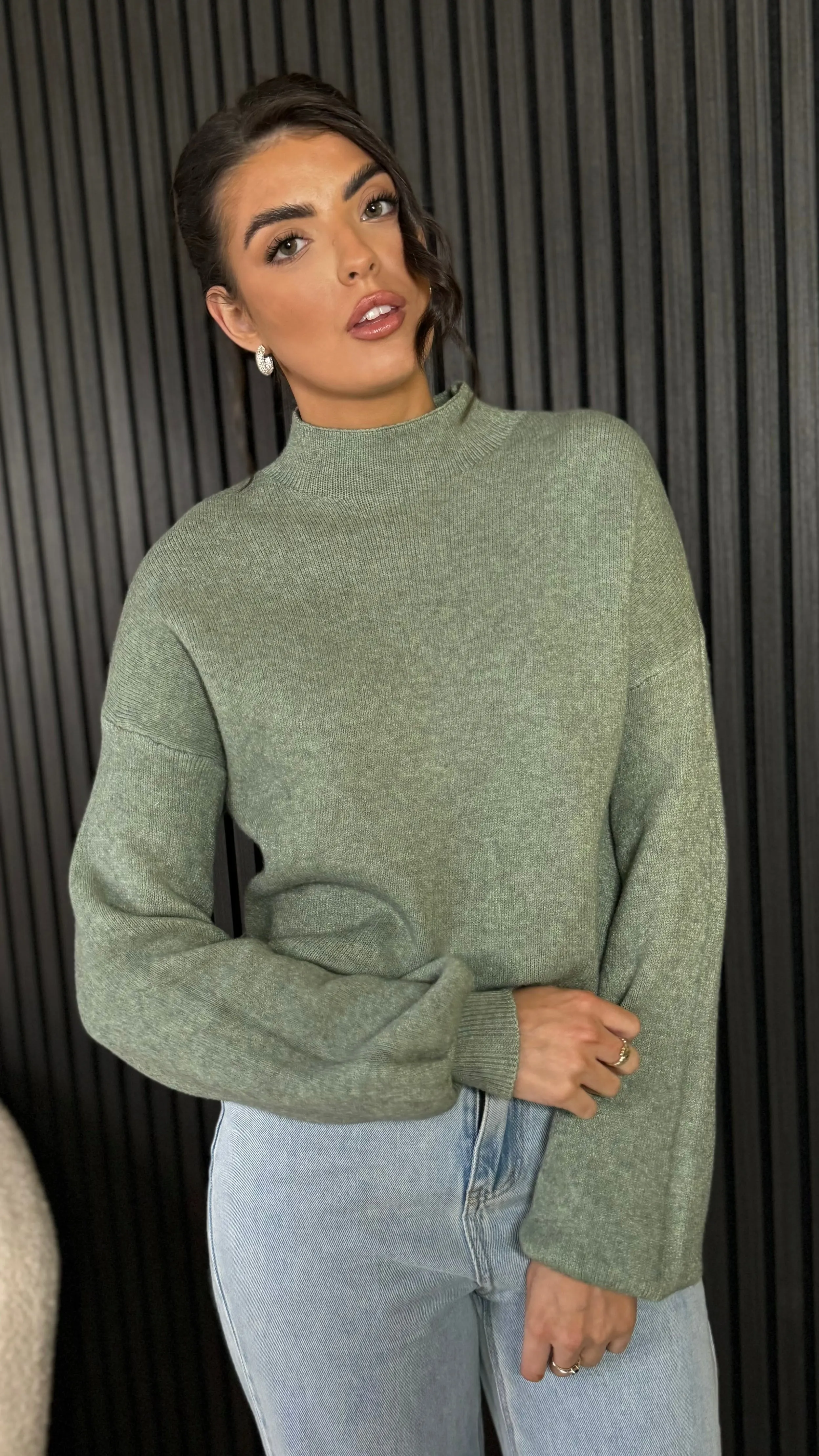 Charee Light Green Soft Knit High Neck Puff Sleeve Jumper