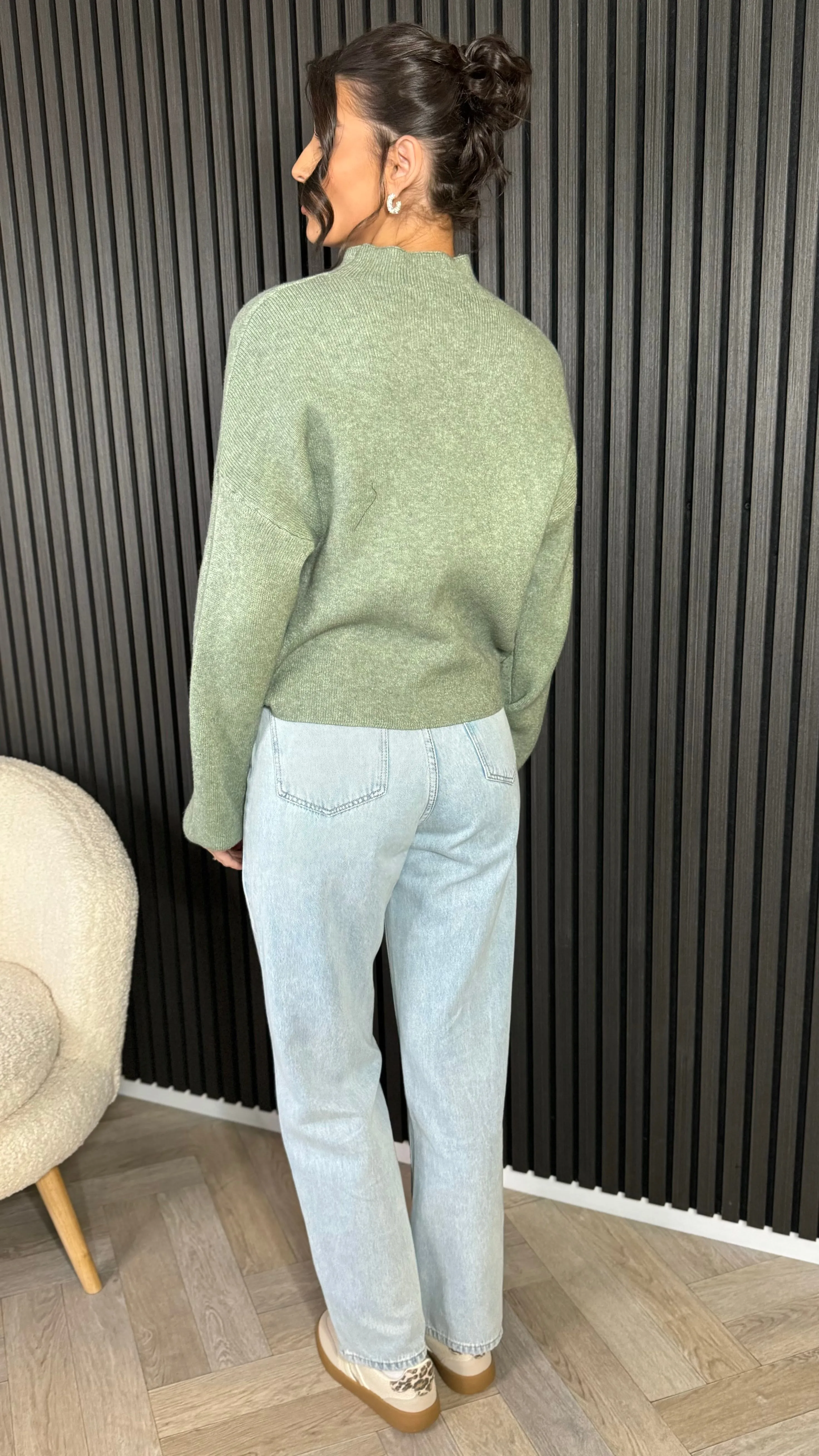 Charee Light Green Soft Knit High Neck Puff Sleeve Jumper