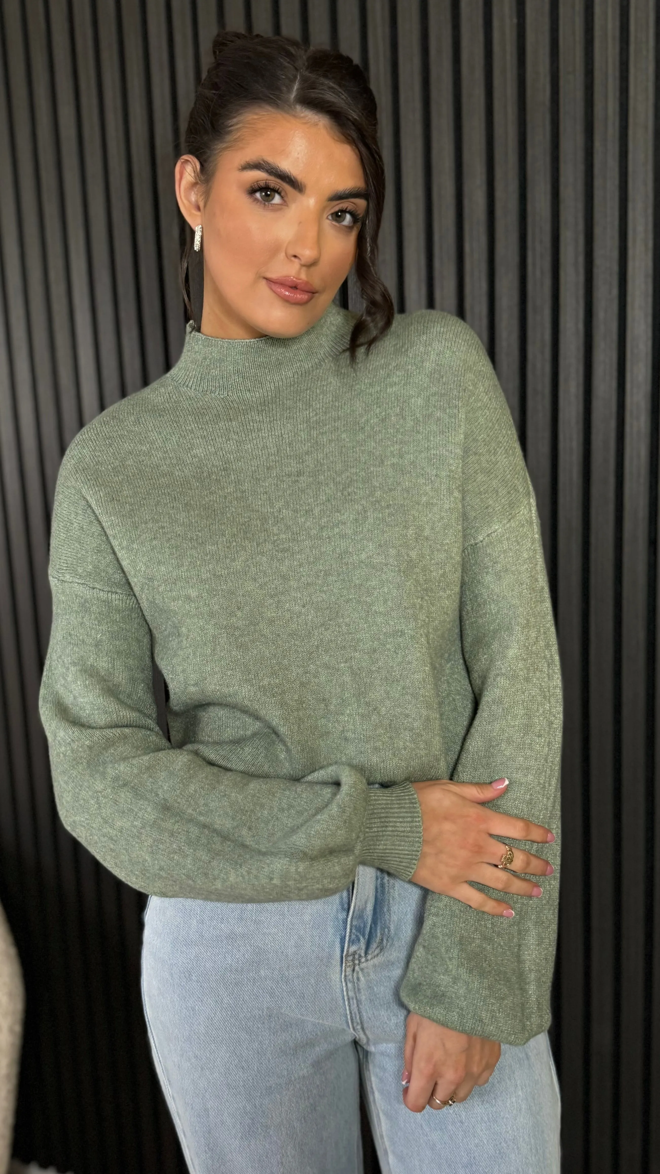 Charee Light Green Soft Knit High Neck Puff Sleeve Jumper