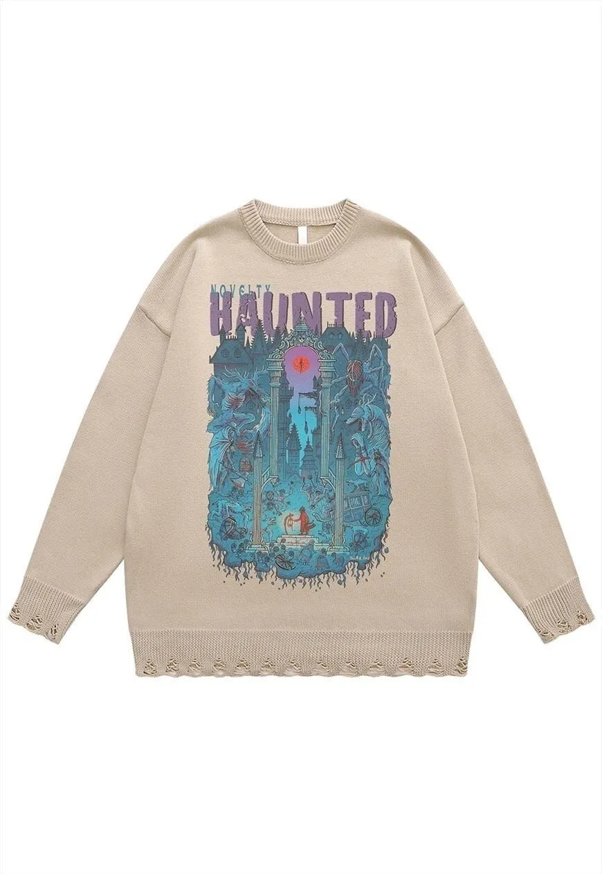 Creepy sweater haunted jumper ripped knitted top in black