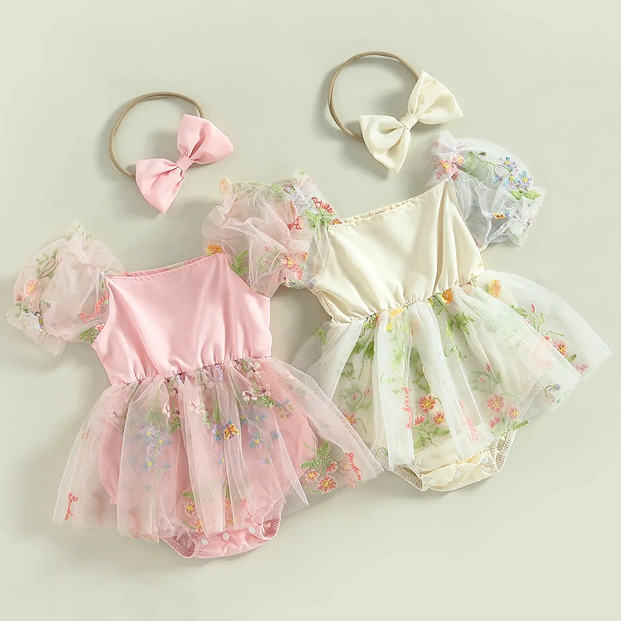 Embroidered Floral Tulle Dress Special Occasion, First Birthday Baby Romper, Cake Smash Outfit Girl