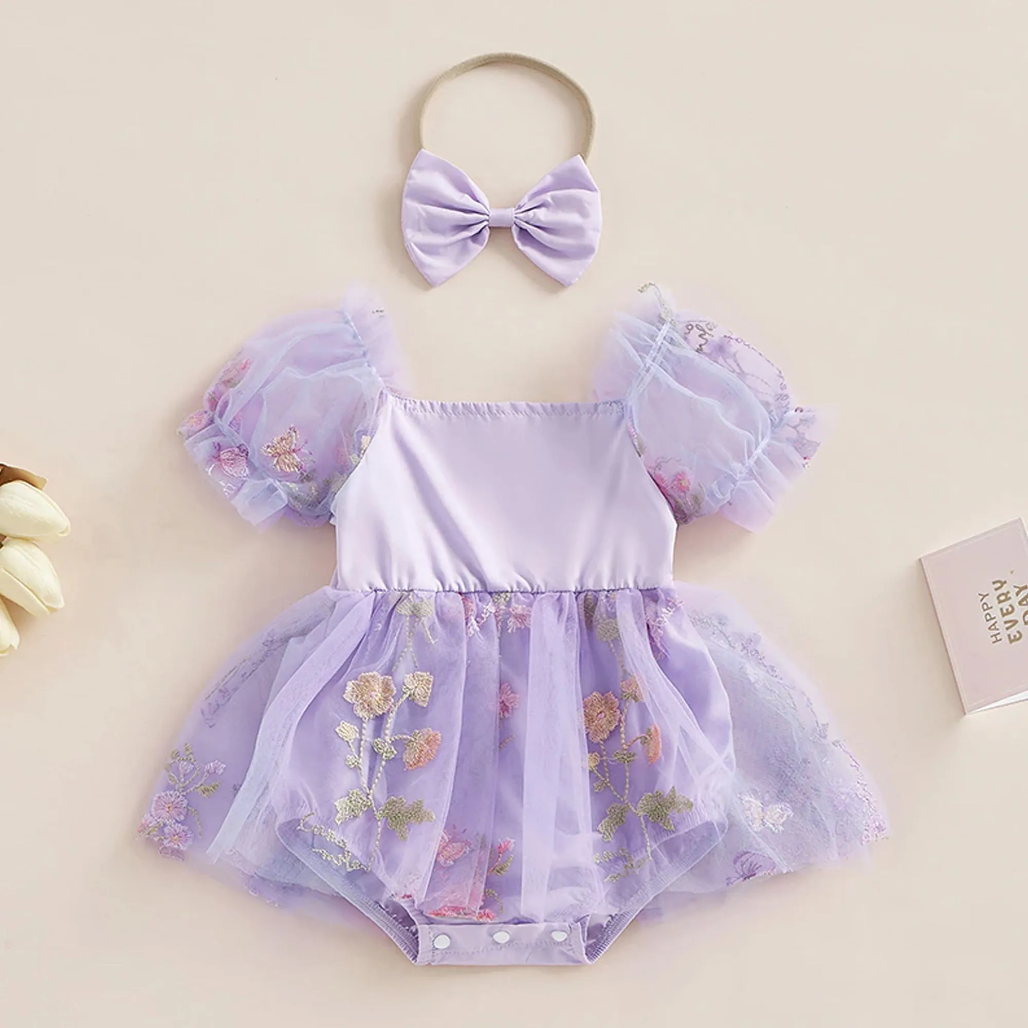 Embroidered Floral Tulle Dress Special Occasion, First Birthday Baby Romper, Cake Smash Outfit Girl