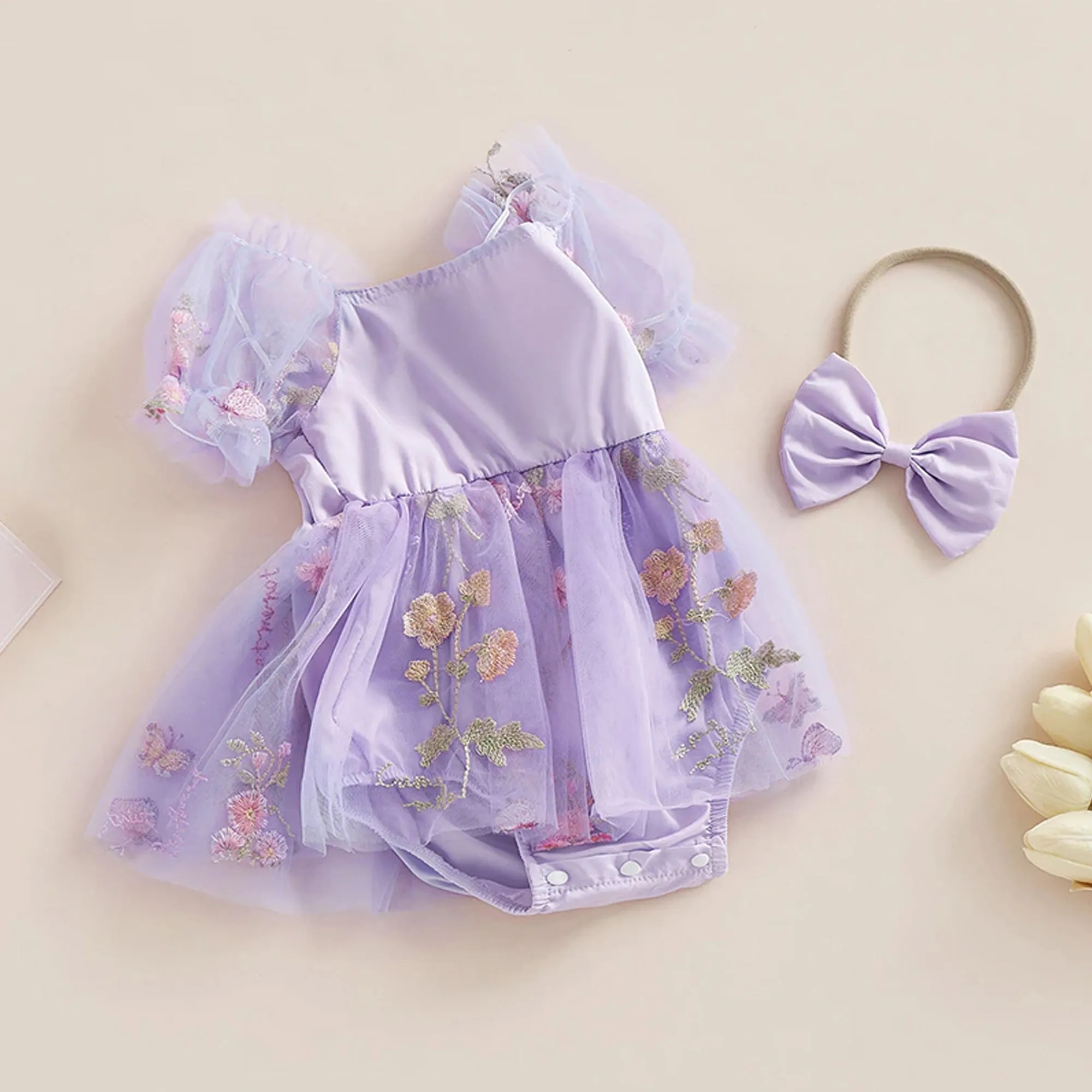 Embroidered Floral Tulle Dress Special Occasion, First Birthday Baby Romper, Cake Smash Outfit Girl