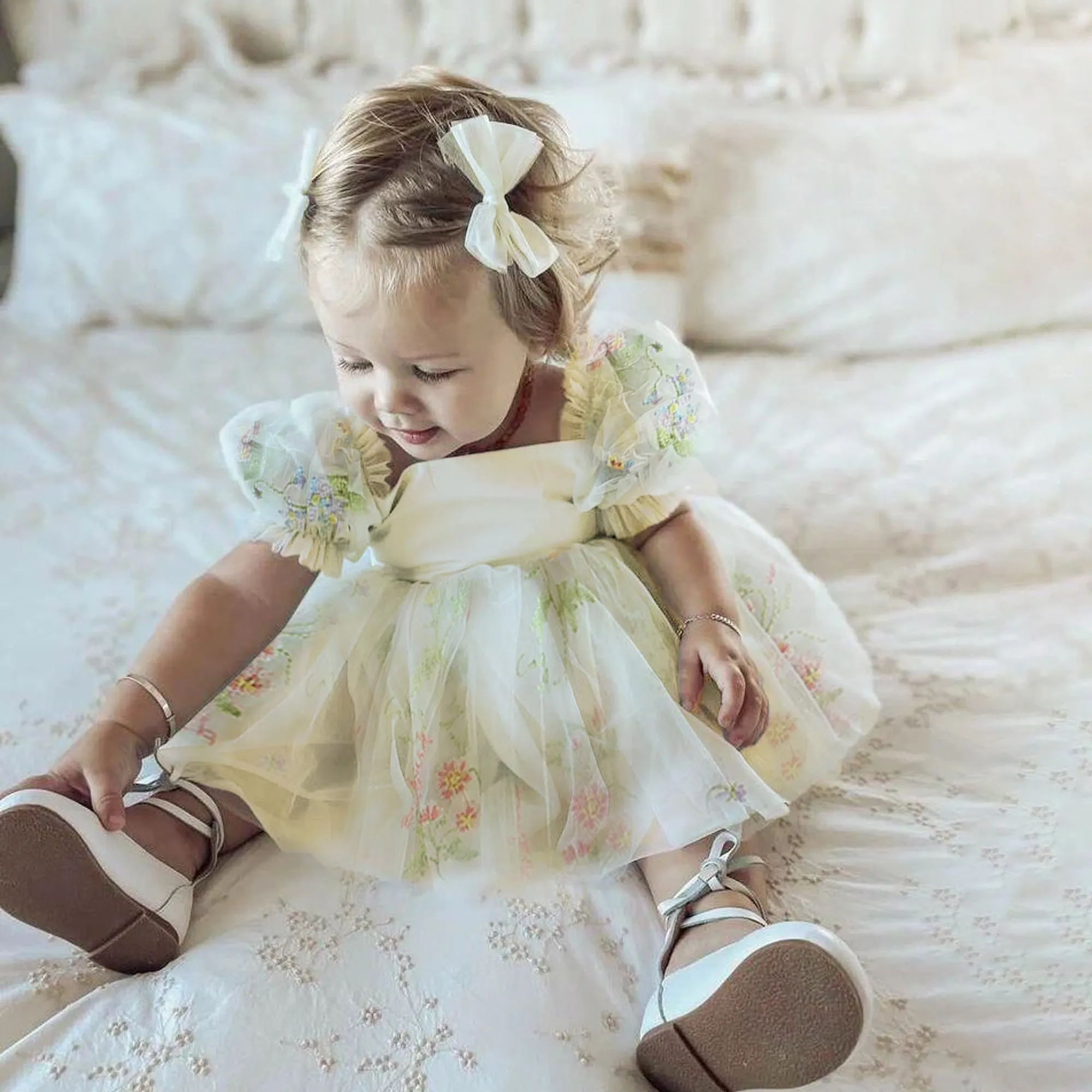 Embroidered Floral Tulle Dress Special Occasion, First Birthday Baby Romper, Cake Smash Outfit Girl