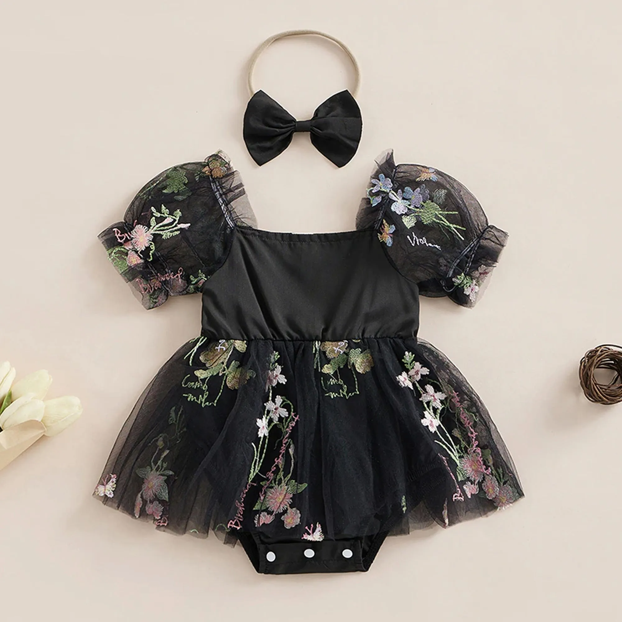 Embroidered Floral Tulle Dress Special Occasion, First Birthday Baby Romper, Cake Smash Outfit Girl