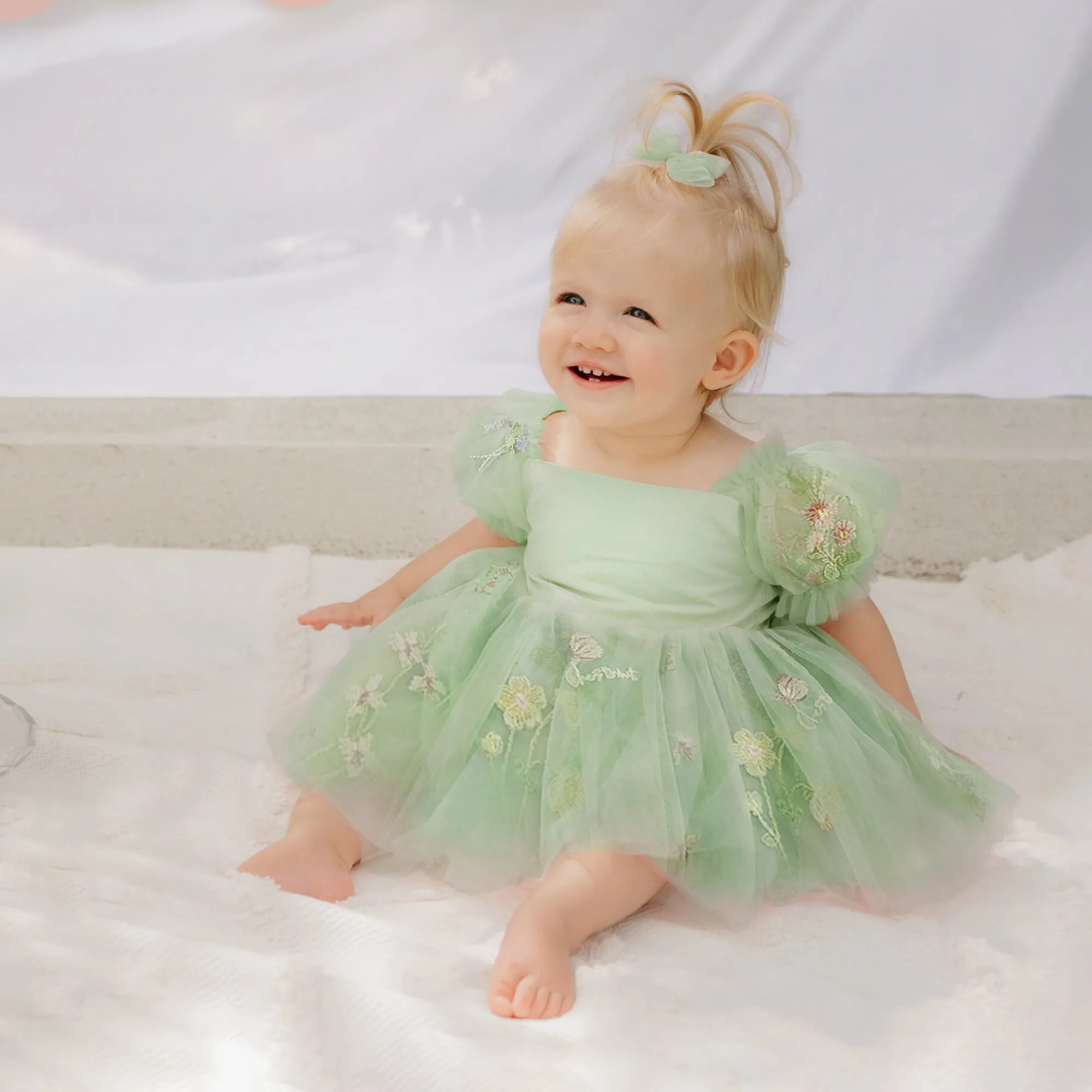 Embroidered Floral Tulle Dress Special Occasion, First Birthday Baby Romper, Cake Smash Outfit Girl