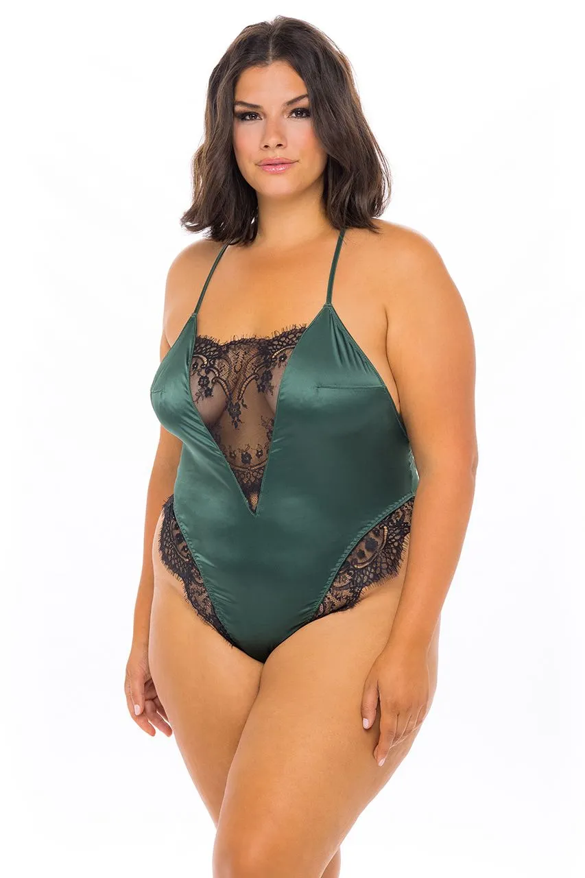 EYELASH LACE AND SATIN ROMPER- DARK GREEN/BLACK