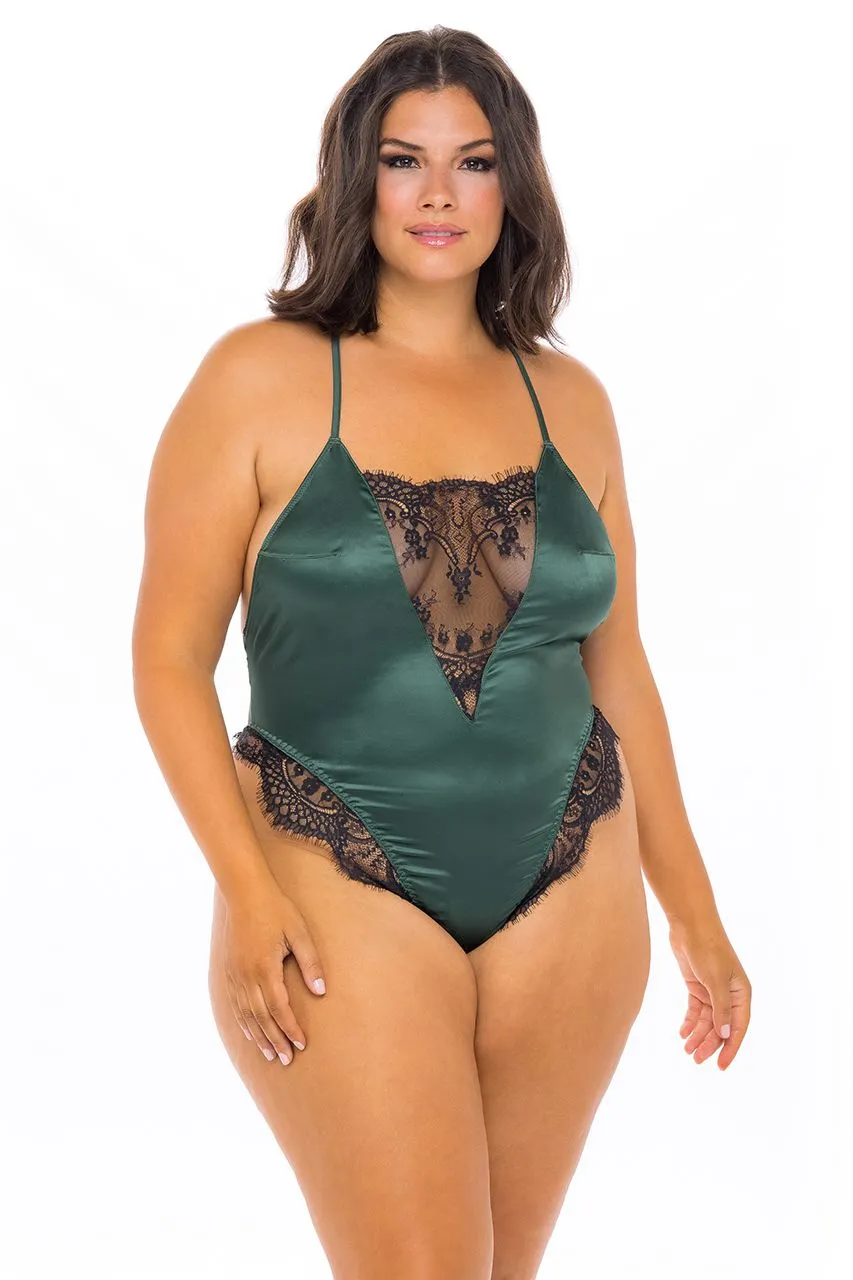 EYELASH LACE AND SATIN ROMPER- DARK GREEN/BLACK