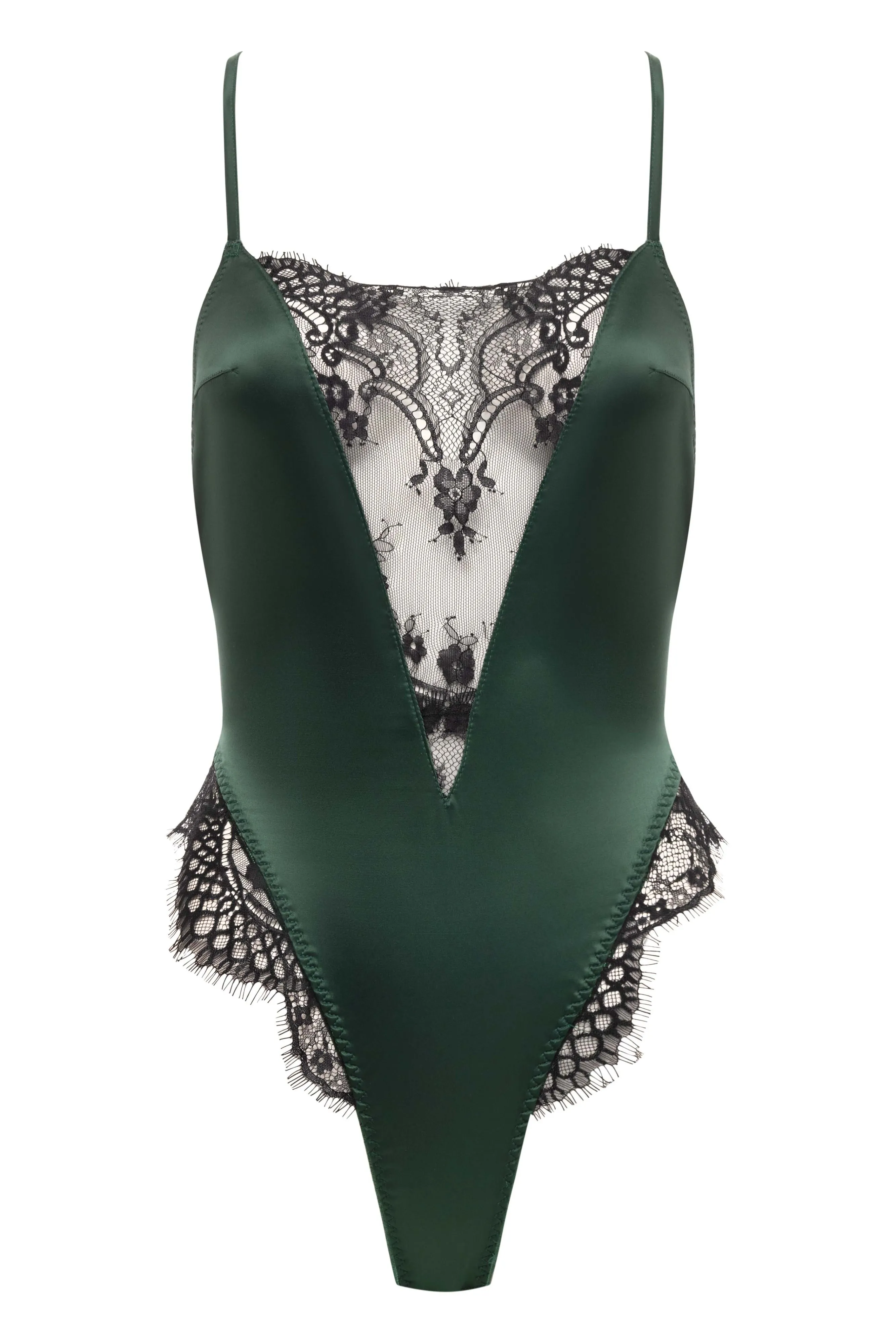 EYELASH LACE AND SATIN ROMPER- DARK GREEN/BLACK
