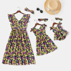 Floral Print V Neck Ruffle-sleeve Belted Dress for Mom and Me