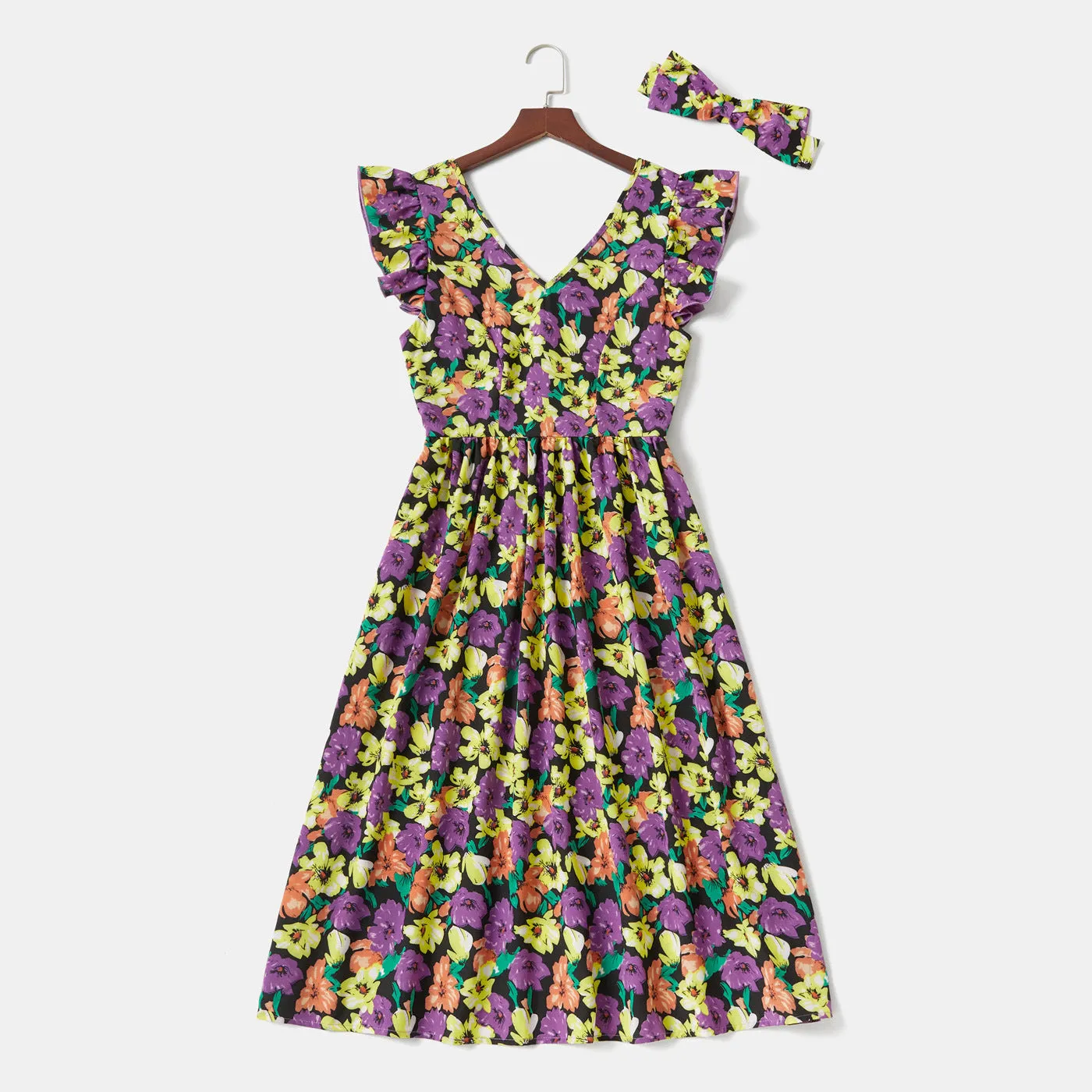 Floral Print V Neck Ruffle-sleeve Belted Dress for Mom and Me