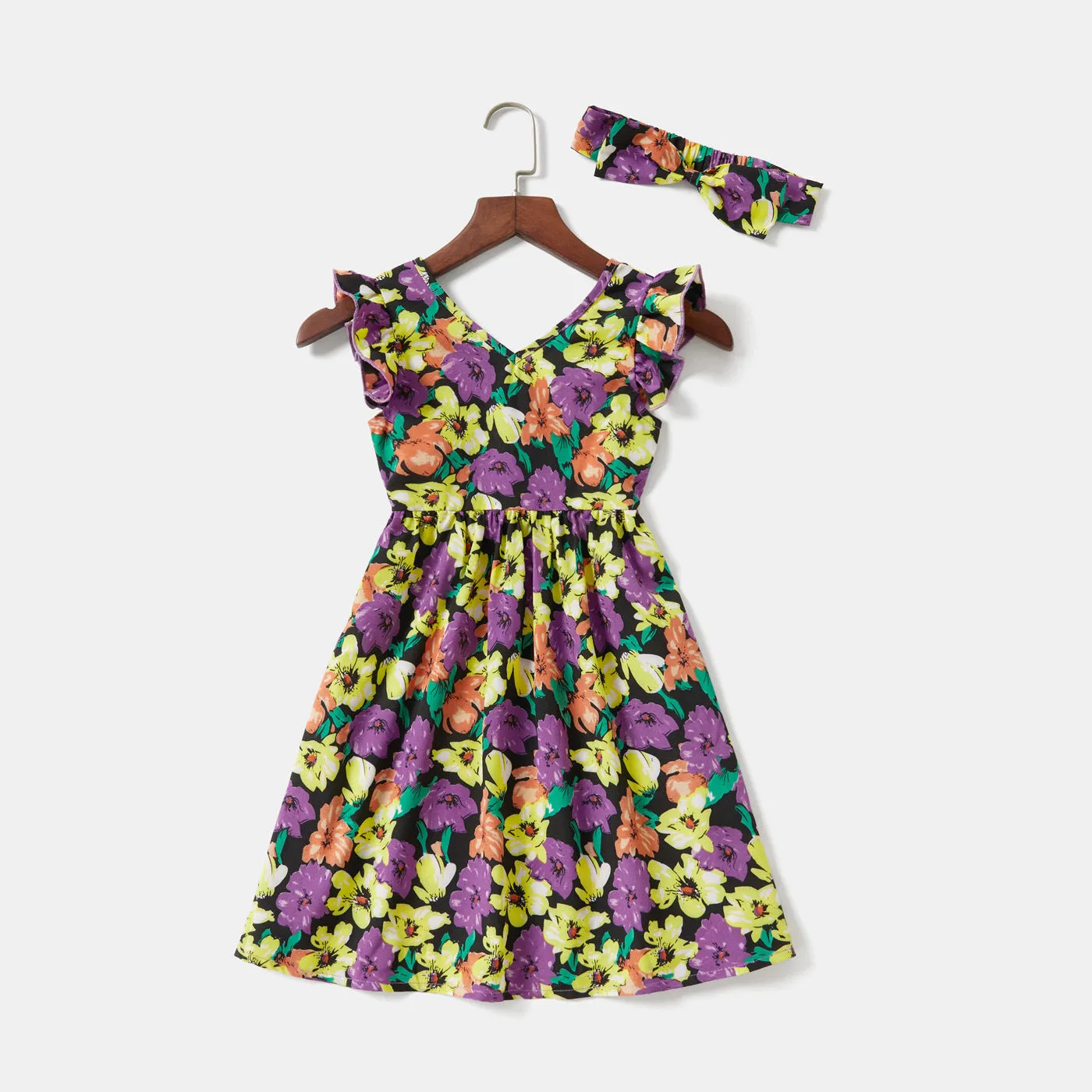 Floral Print V Neck Ruffle-sleeve Belted Dress for Mom and Me