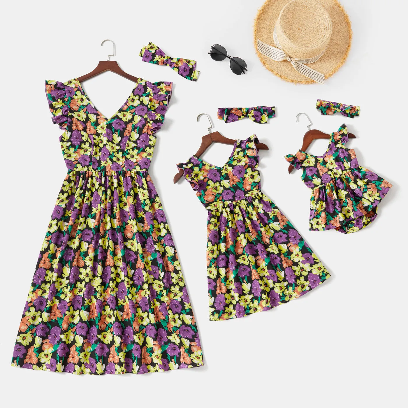 Floral Print V Neck Ruffle-sleeve Belted Dress for Mom and Me