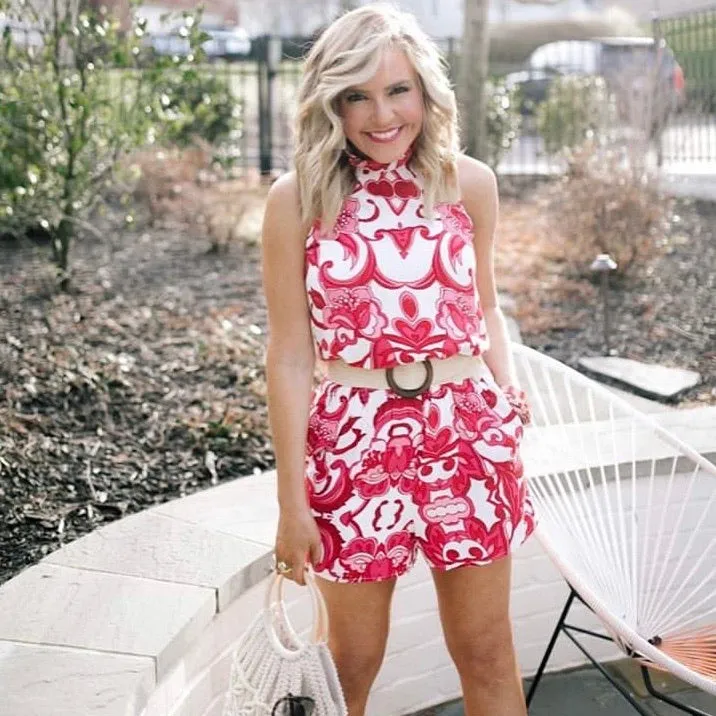 Gibson Red & Pink Patterned Ruffle Neck Back Tie Smocked Waist Romper- Size PXXS