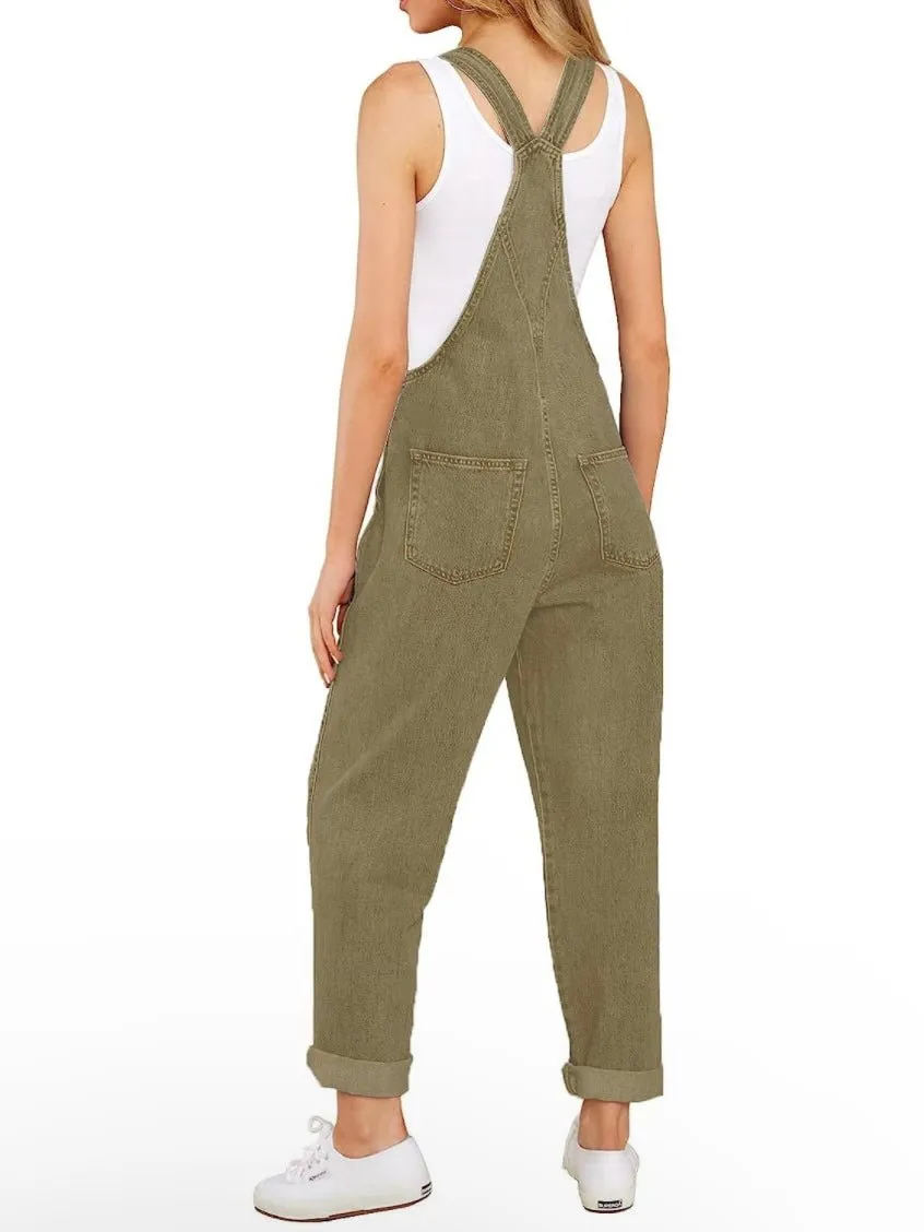 Green olive denim stretch jumper overall