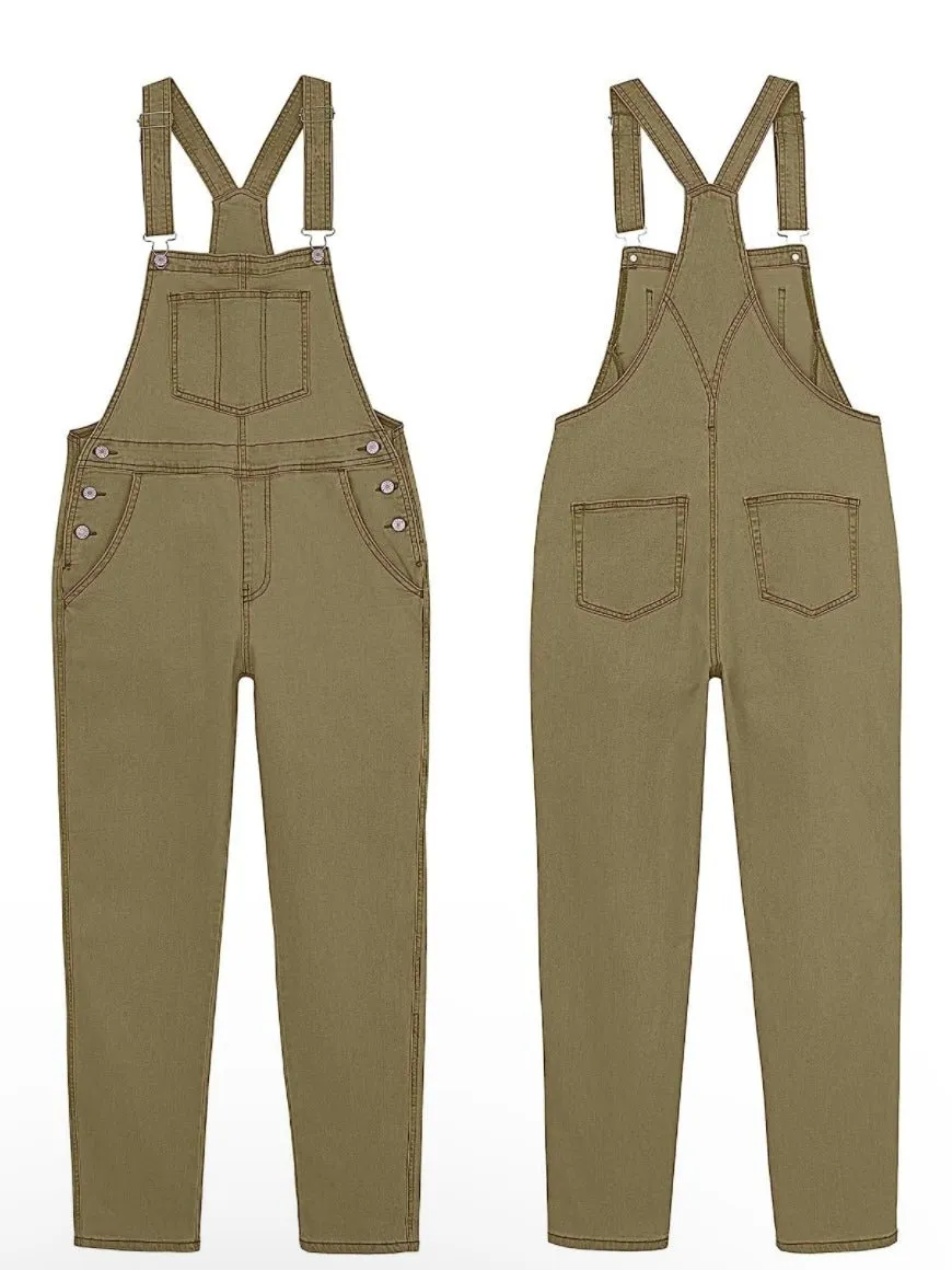 Green olive denim stretch jumper overall