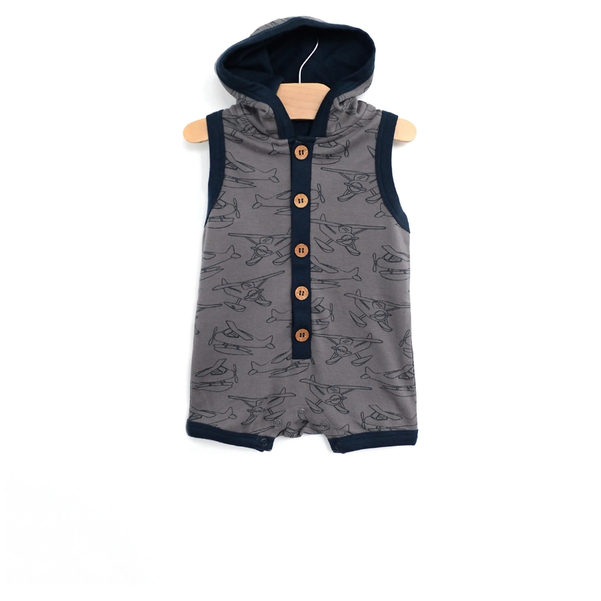 Hooded Racerback Romper-Seaplanes