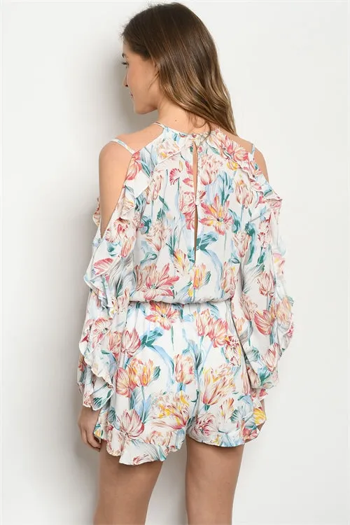 Ivory Floral Cold Shoulder Romper