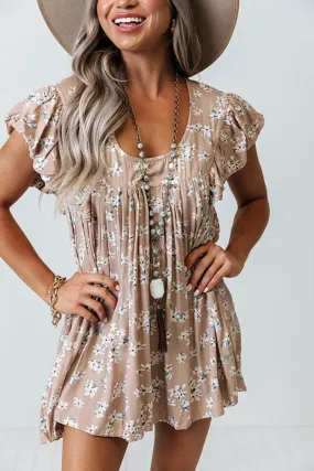 Khaki Ruffled Sleeve Floral Print Romper