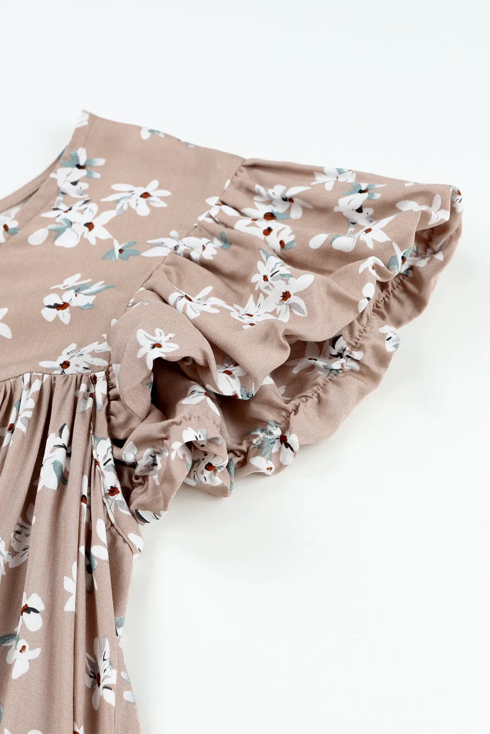 Khaki Ruffled Sleeve Floral Print Romper
