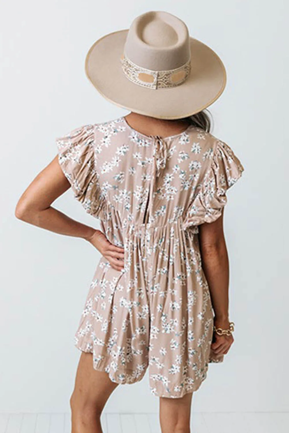Khaki Ruffled Sleeve Floral Print Romper