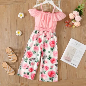 Kid Firl Floral Print Splice Flounce Belted Off Shoulder Cami Jumpsuits