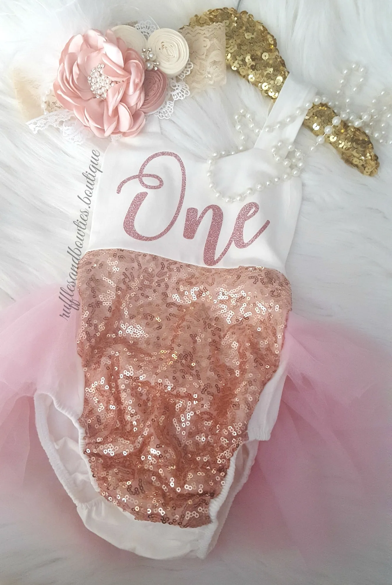 Kryssi Kouture Exclusive Girls First Birthday Darling Dazzle Rose Gold 1st Birthday TUTU Romper