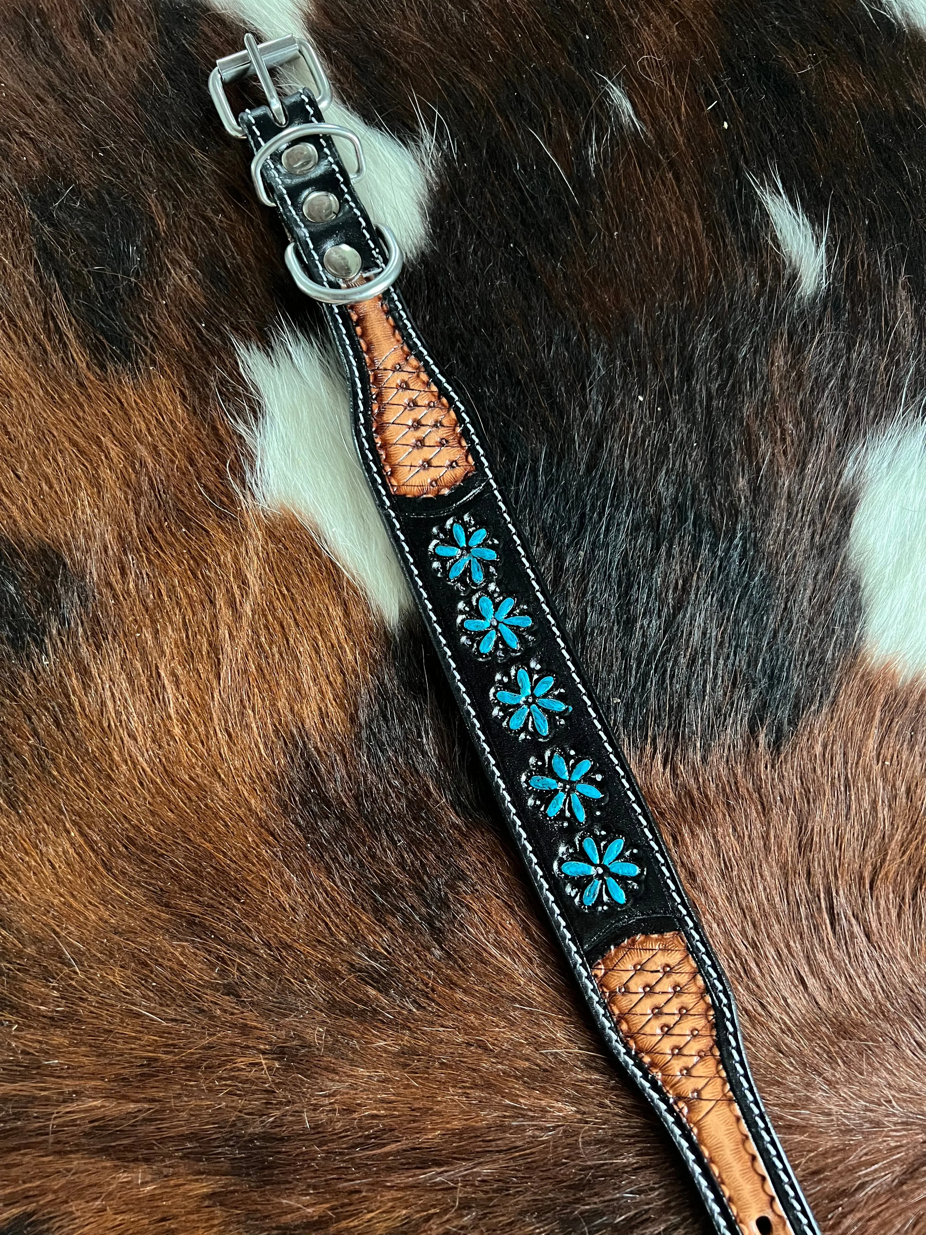 Leather Tooled Dog Collar with Squashblossoms