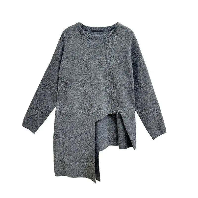 Limited Edition Knitted Pullover with Zipper Detail - Asymmetrical Cut, Available in Gray and Black