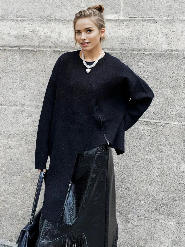 Limited Edition Knitted Pullover with Zipper Detail - Asymmetrical Cut, Available in Gray and Black