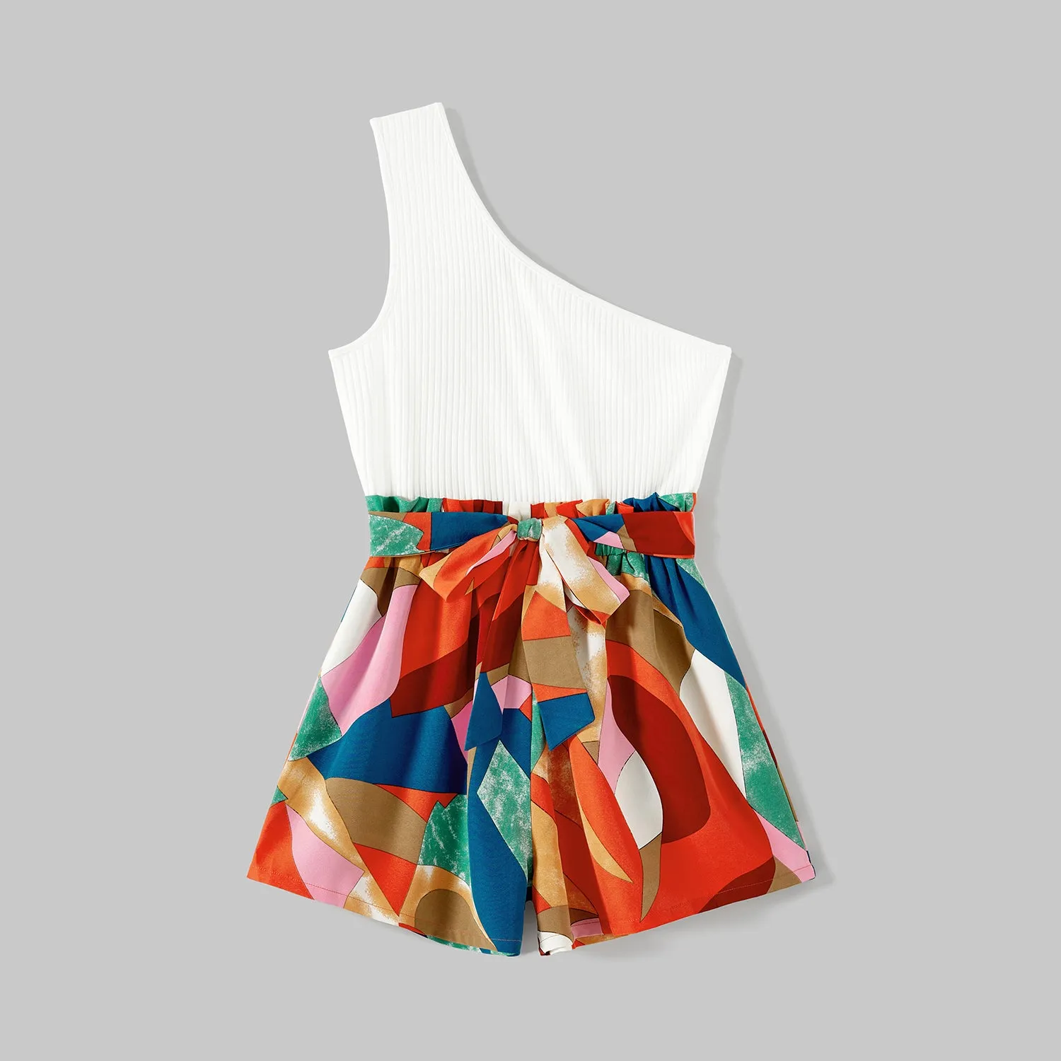 Mommy and Me Cotton Solid & Print Spliced One Shoulder Sleeveless Belted Romper Shorts