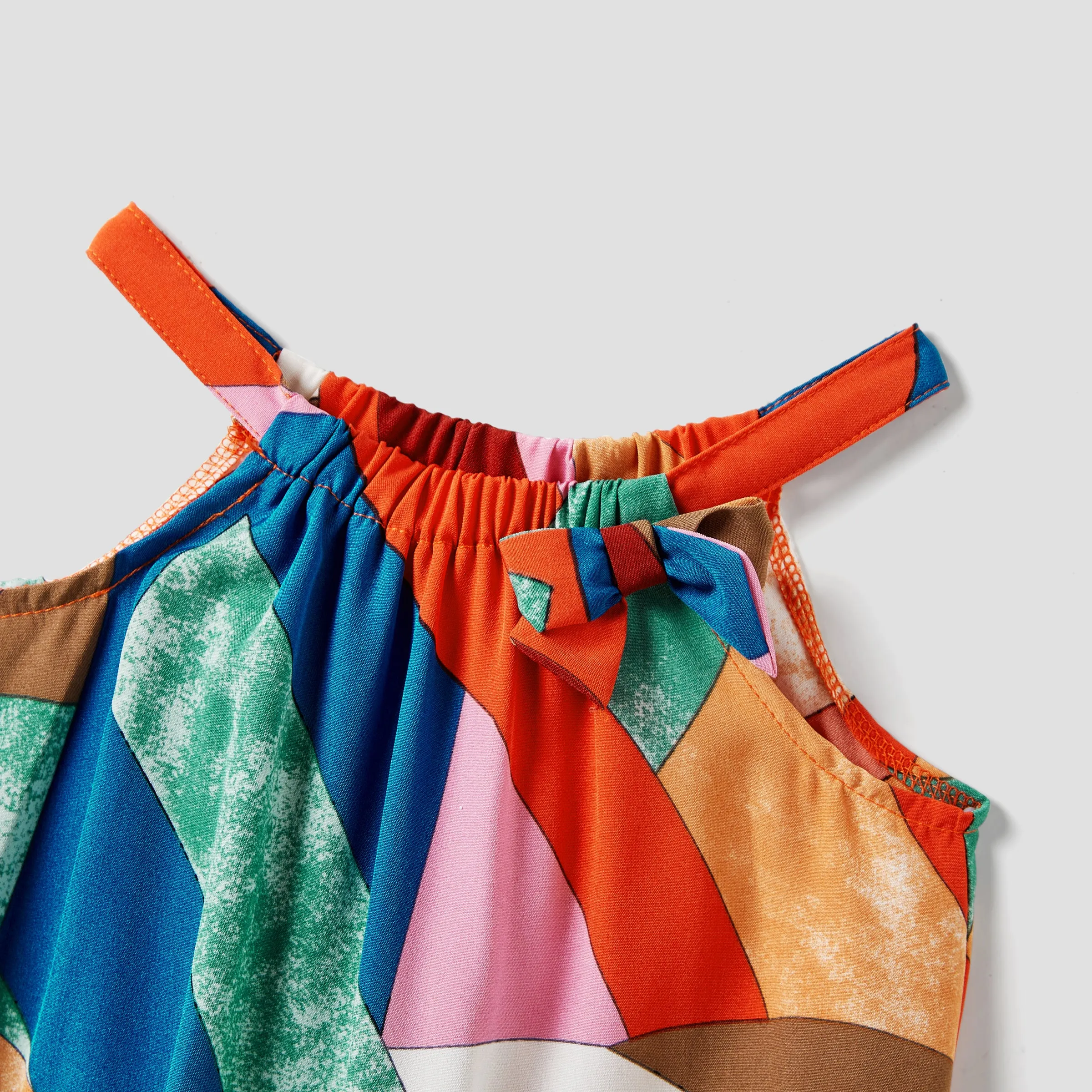 Mommy and Me Cotton Solid & Print Spliced One Shoulder Sleeveless Belted Romper Shorts