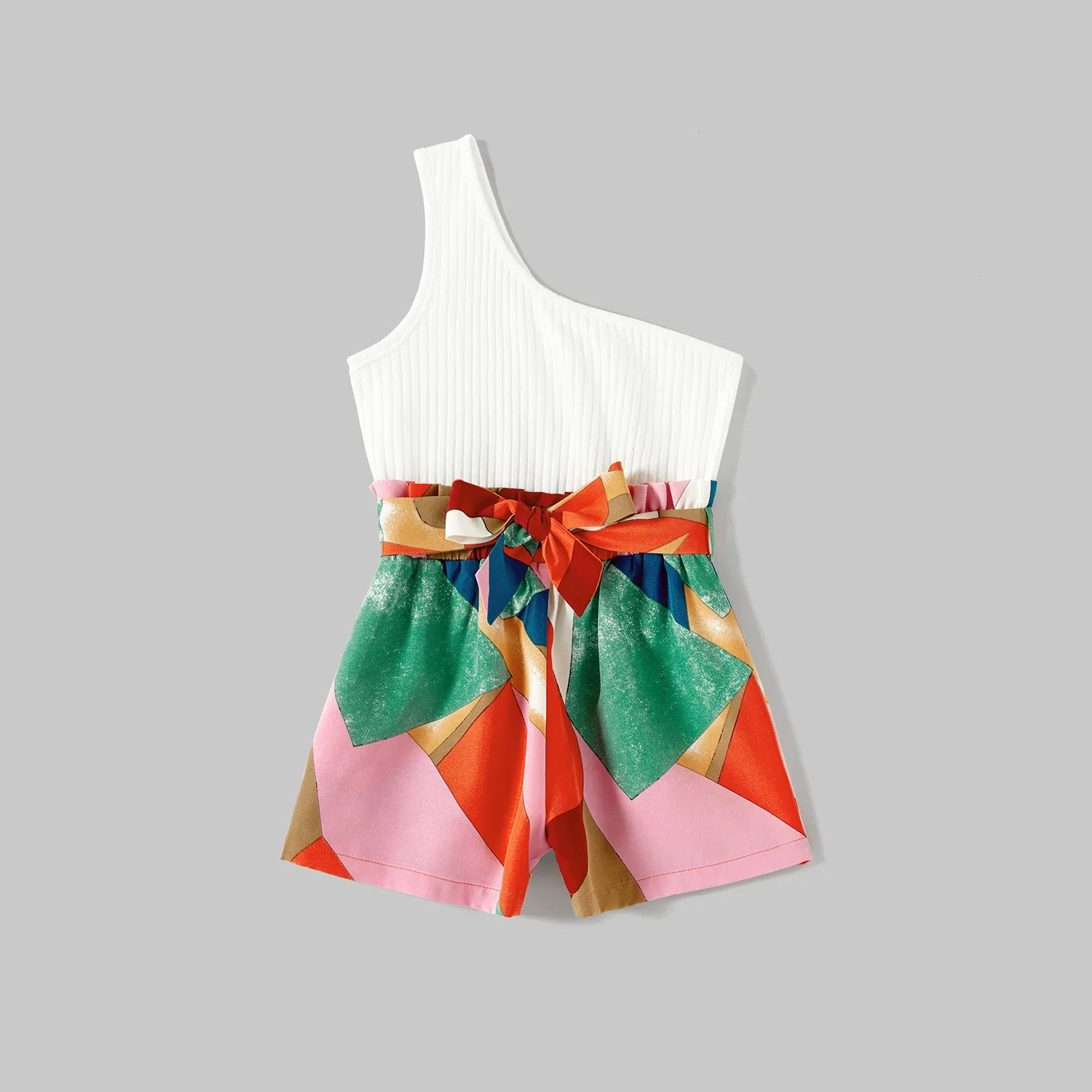 Mommy and Me Cotton Solid & Print Spliced One Shoulder Sleeveless Belted Romper Shorts