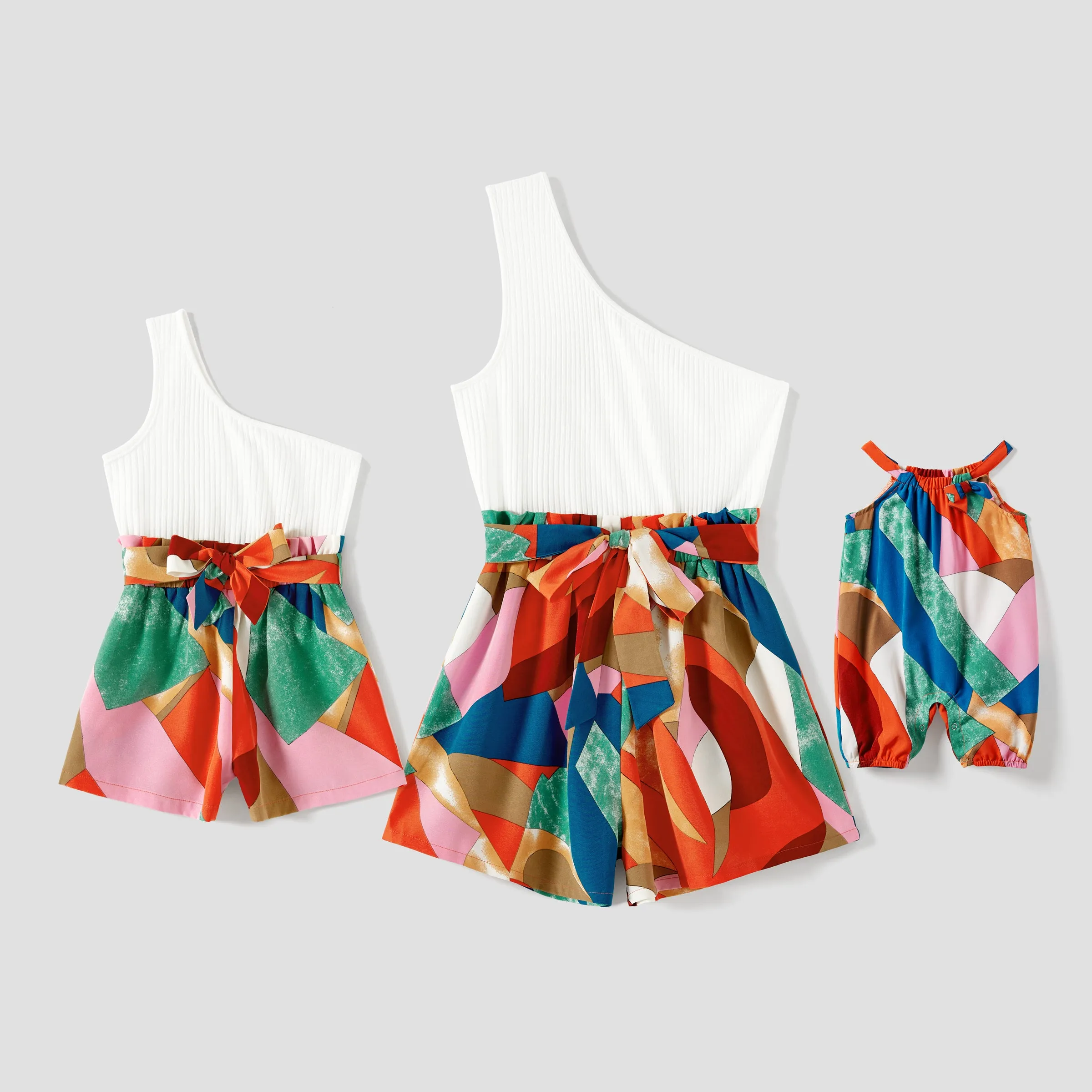 Mommy and Me Cotton Solid & Print Spliced One Shoulder Sleeveless Belted Romper Shorts
