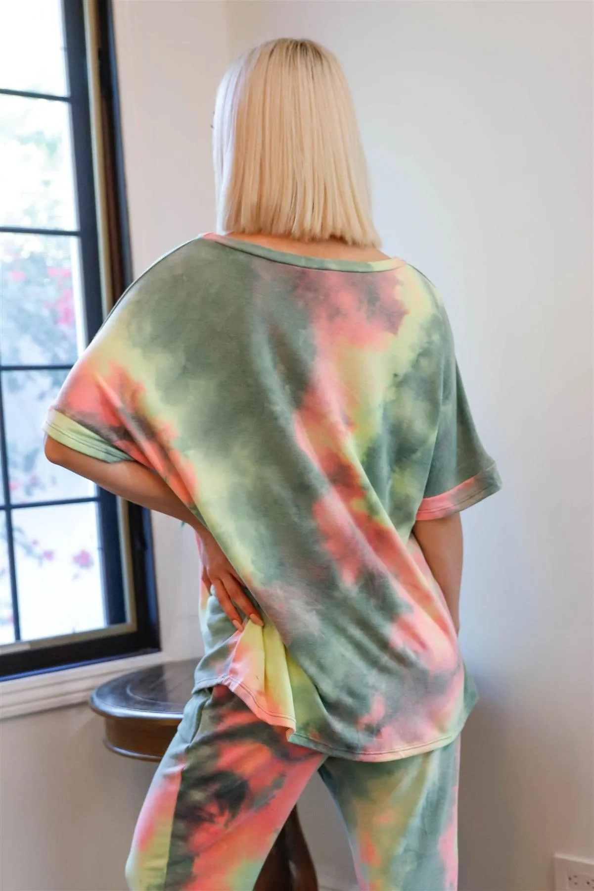 Olive Pink & Light Green Tie-Dye Short Sleeve Top & Sweatpants Set /1-1-1