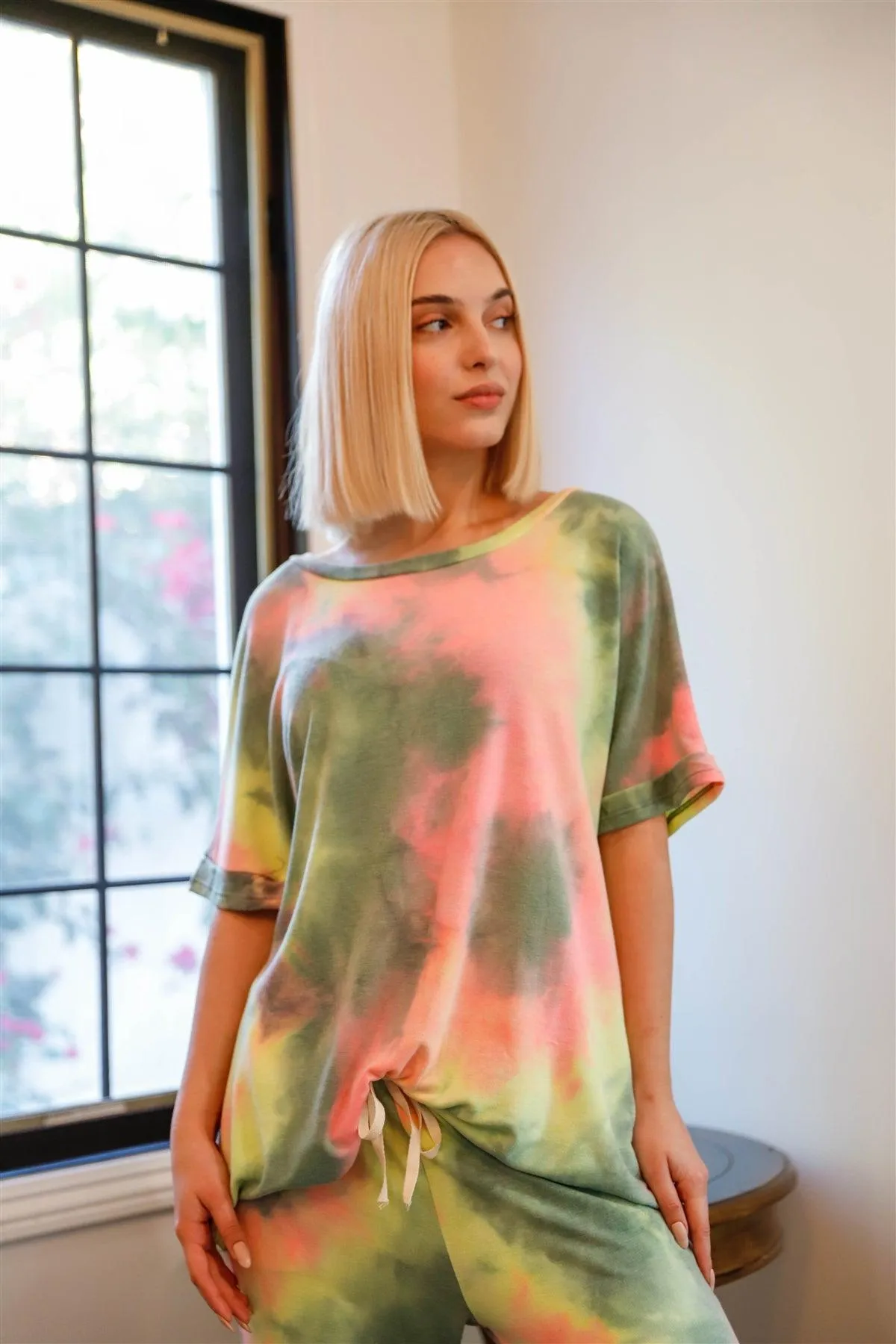 Olive Pink & Light Green Tie-Dye Short Sleeve Top & Sweatpants Set /1-1-1