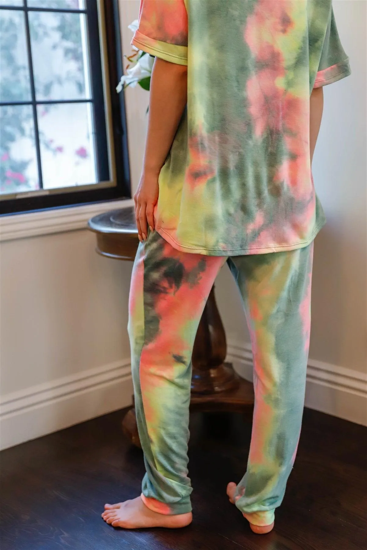 Olive Pink & Light Green Tie-Dye Short Sleeve Top & Sweatpants Set /1-1-1