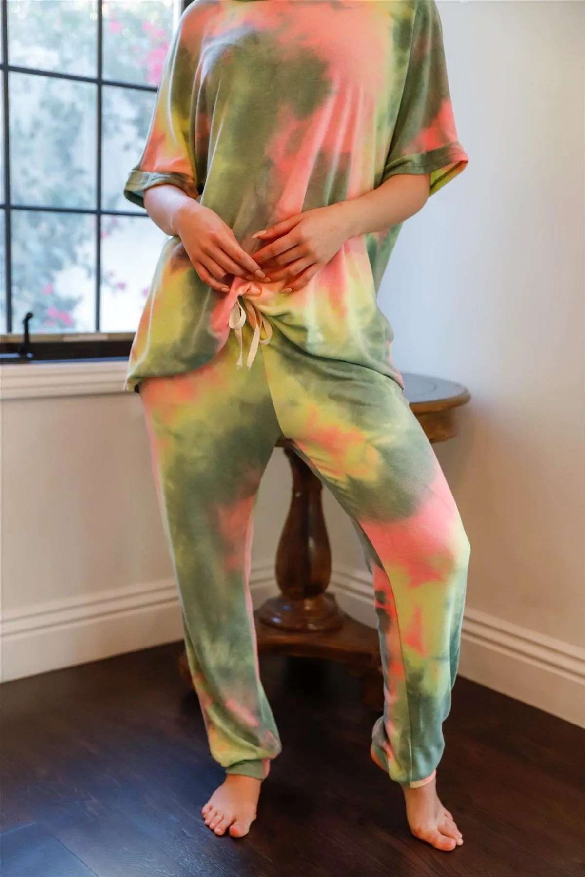 Olive Pink & Light Green Tie-Dye Short Sleeve Top & Sweatpants Set /1-1-1