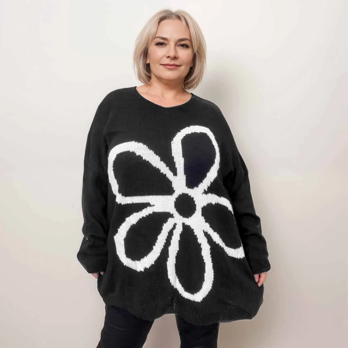 OVERSIZED V-NECK KNITTED JUMPER LARGE FLOWER