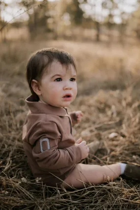 "Barker Baby" Dessert Brown Contrast Long Sleeve Baby Polo Romper