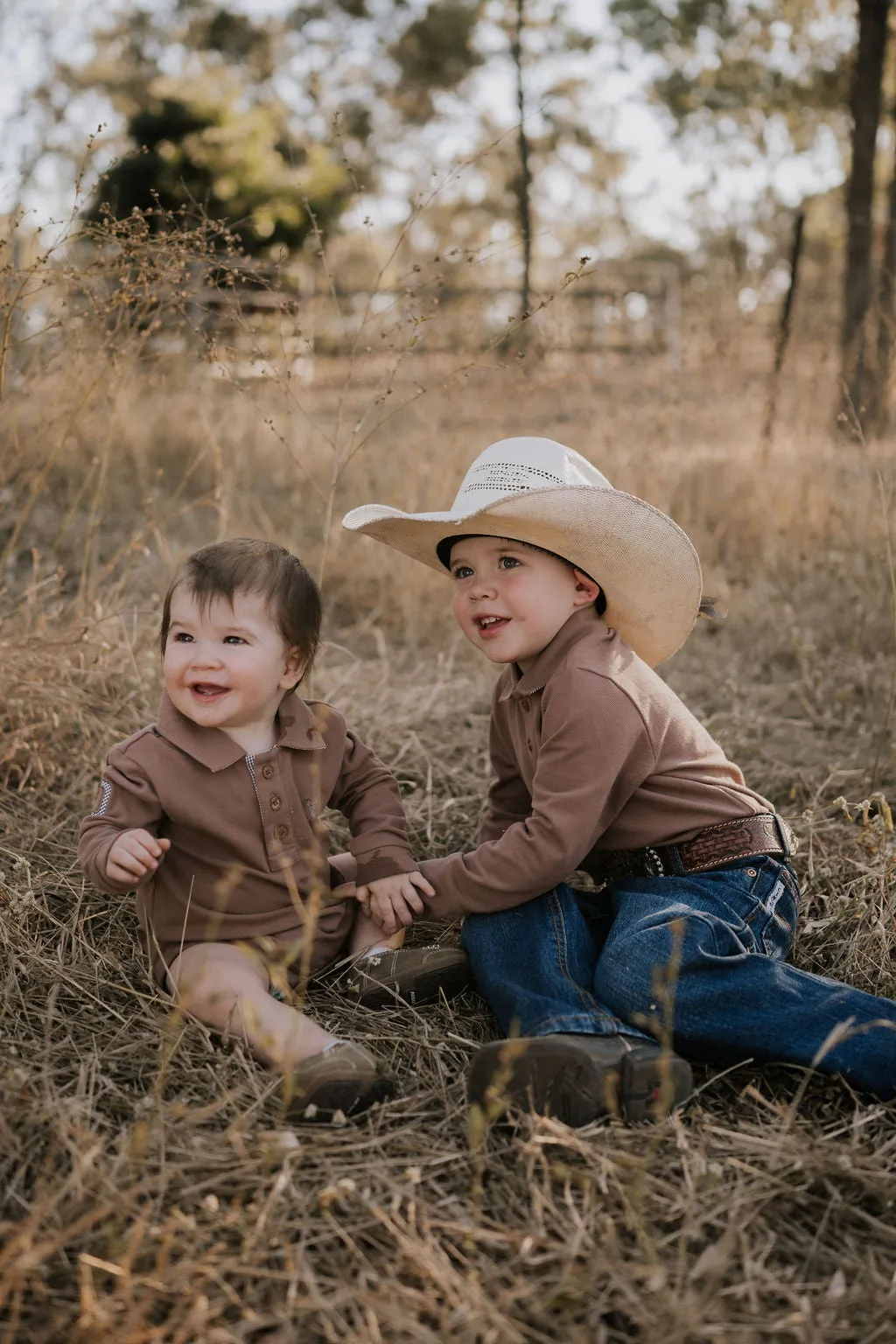 "Barker Baby" Dessert Brown Contrast Long Sleeve Baby Polo Romper