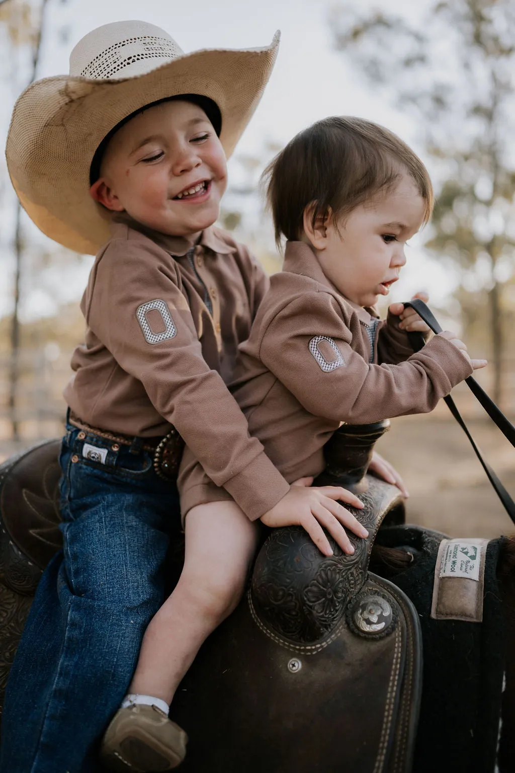 "Barker Baby" Dessert Brown Contrast Long Sleeve Baby Polo Romper